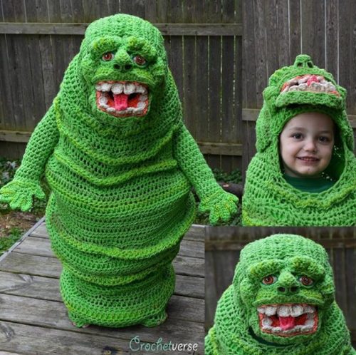 Slimer Crocheted Costume 500x498 Mom crochets badass glow in the dark Slimer costume for her son